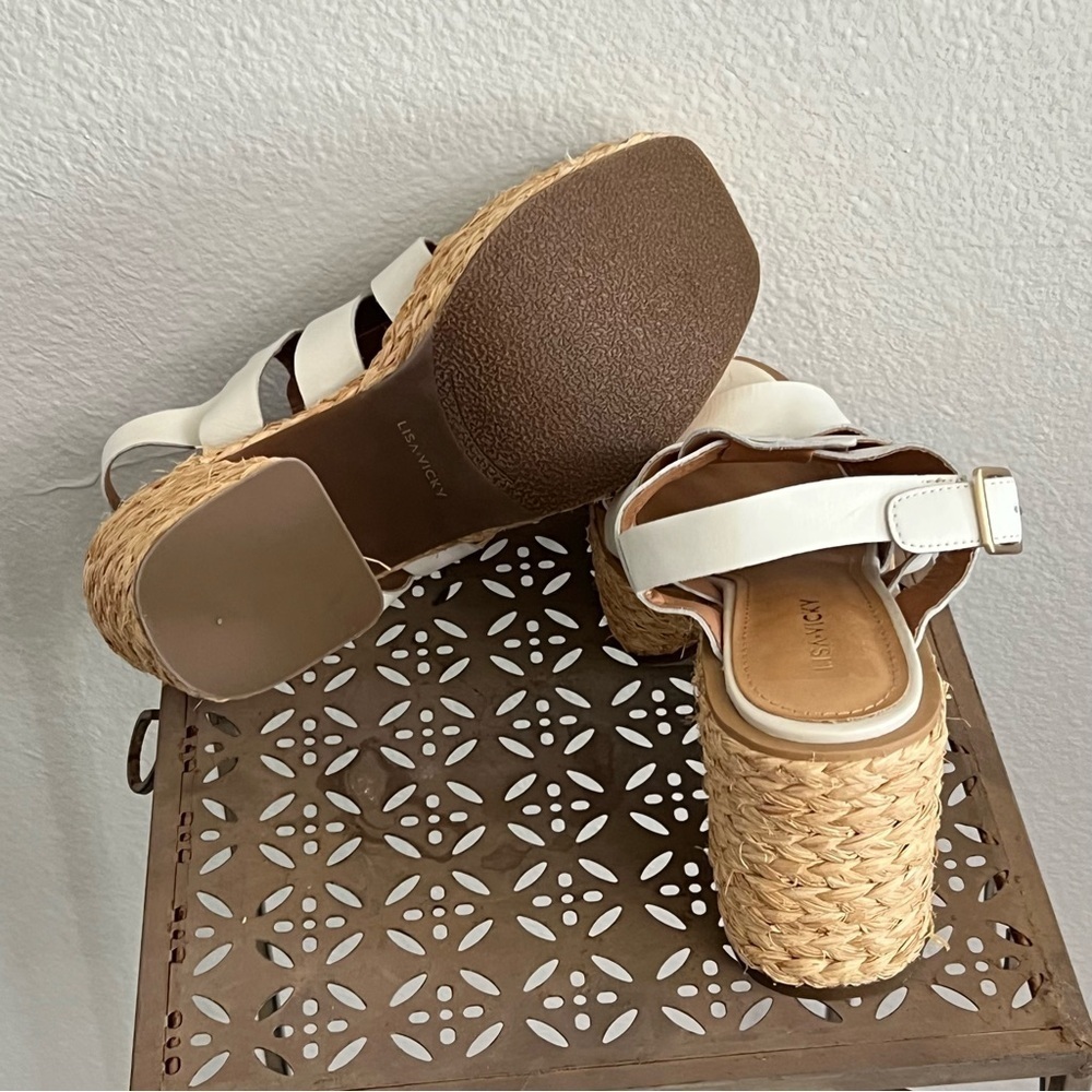 Lisa Vicky Platform Sandals Woven Strappy Block Heel White Espadrille NWOB - Picture 3 of 6
